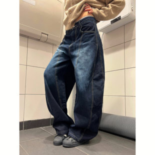 F383 2026美式复古弯刀设计感水洗深蓝色牛仔裤拖地阔腿宽松长裤