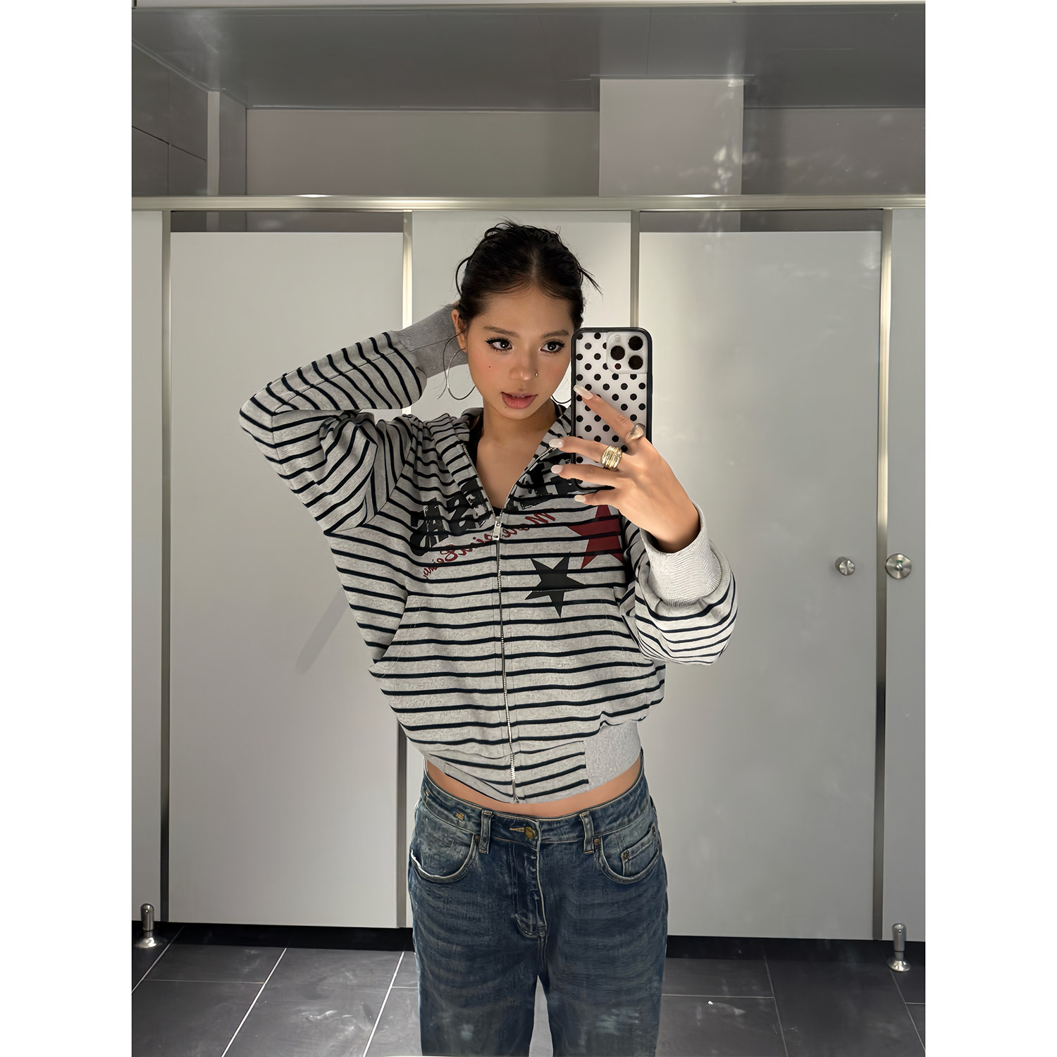 F383 美式复古字母印花条纹连帽卫衣女慵懒风宽松休闲长袖外套ins