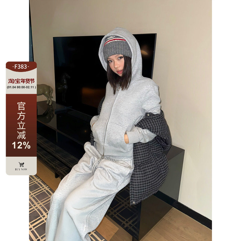 F383 美式复古短款简约显瘦连帽卫衣百搭女宽松基础拉链开衫外套,女装/女士精品,卫衣/绒衫,淘宝优惠券,粉丝福利购,淘宝优惠卷