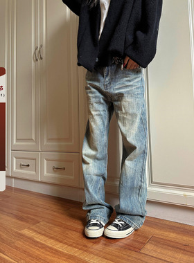 F383 2025美式cleanfit猫须竹节纹做旧牛仔裤潮直筒微喇vibe裤子