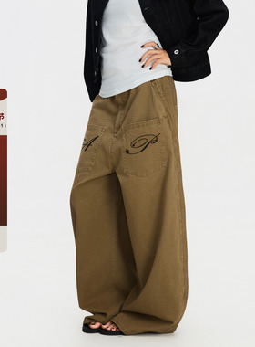 F383 美式复古反穿口袋设计刺绣阔腿工装裤男女宽松弯刀休闲裤ins