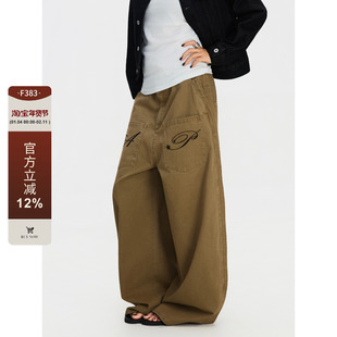 F383 美式复古反穿口袋设计刺绣阔腿工装裤男女宽松弯刀休闲裤ins