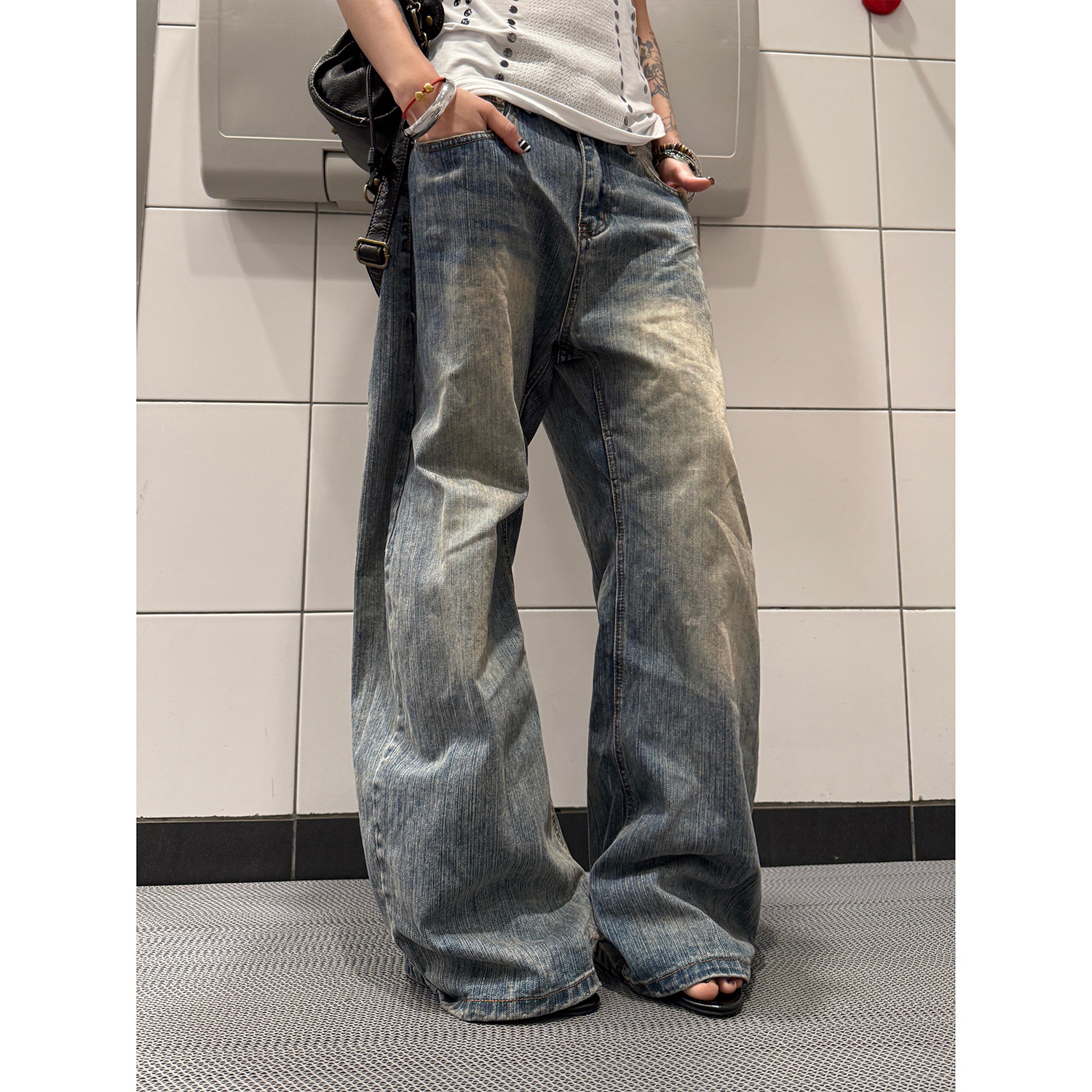 F383 美式复古水洗蓝竹节纹阔腿牛仔长裤慵懒宽松直筒弯刀裤男女