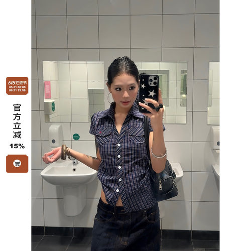 F383美式复古格子正肩短袖衬衫