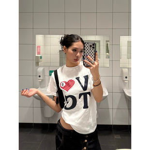 T恤男女宽松休闲百搭夏 复古设计感波点爱心字母印花短袖 F383 美式