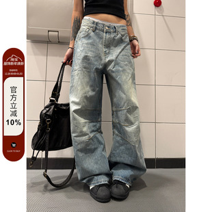 纹理感cleanfit褶皱长款 复古竹节纹弯刀牛仔裤 男女 2025美式 F383