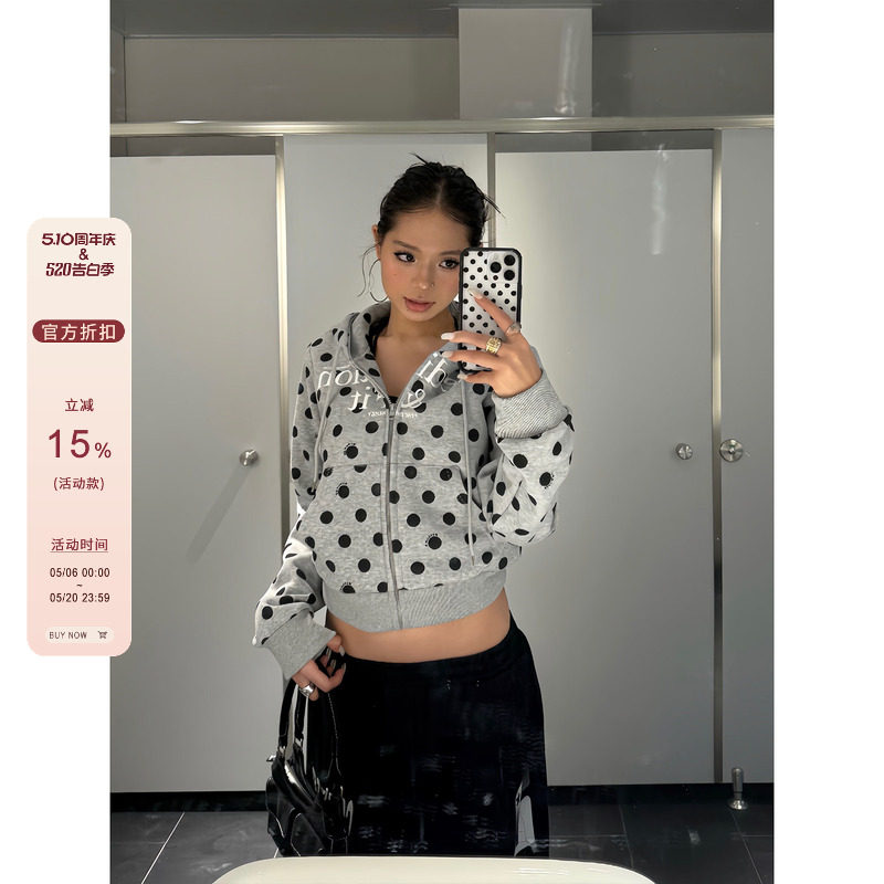 F383 美式复古字母印花波点连帽开衫卫衣女短款宽松休闲百搭外套