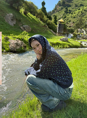 F383 美式复古花纹华夫格拉链连帽卫衣女新款显瘦辣妹开衫短外套