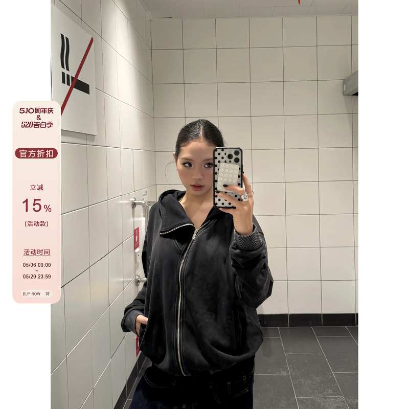 F383 美式复古水洗拉链卫衣做旧宽松连帽cleanfit外套上衣男女ins