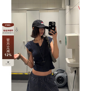 F383 美式复古圆领半排扣短袖T恤夏季女修身显瘦百搭短款上衣辣妹