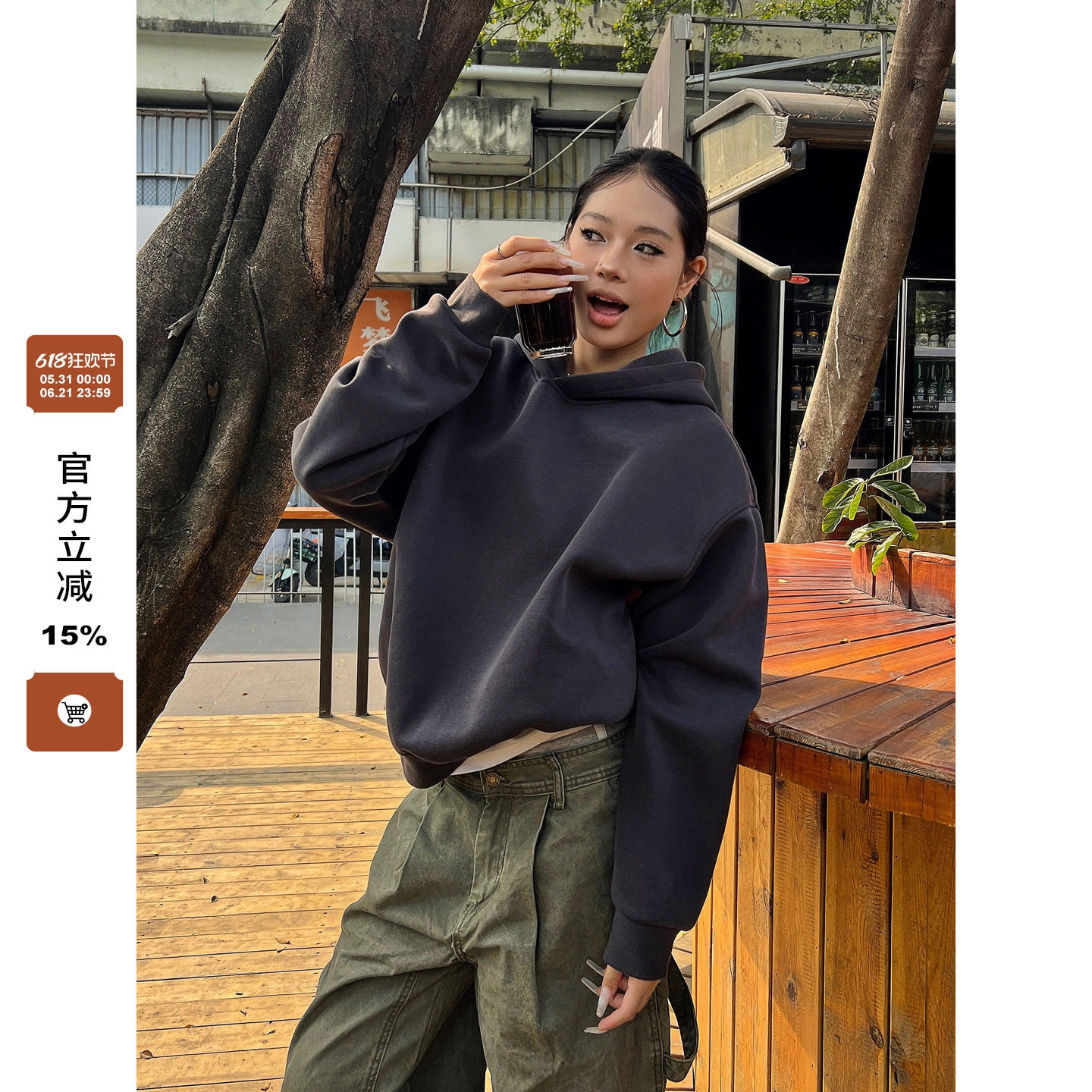 F383 2026美式重磅纯色简约设计连帽卫衣复古cleanfit短款帽衫潮