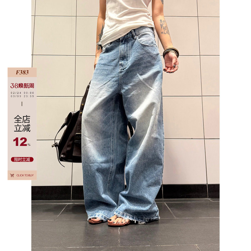 F383 美式复古做旧水洗蓝色直筒牛仔裤男女宽松阔腿休闲长裤子ins