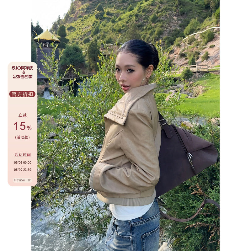 F383翻领斜边拉链夹克外套