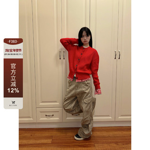 F383 2024假两件红色毛衣撞色格纹针织开衫外套百搭设计感毛衣ins