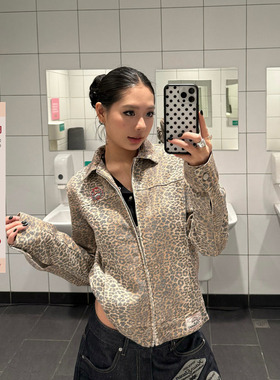F383 美式复古豹纹翻领刺绣外套女款设计感宽松百搭短款夹克上衣