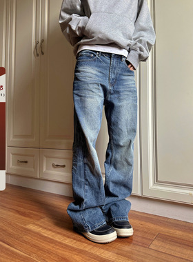 F383 2025美式渐变水洗蓝磨白牛仔长裤复古修身直筒显瘦百搭男女