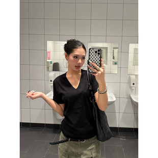 T恤女修身 复古纯色简约休闲V领短袖 显瘦韩系慵懒上衣ins 美式 F383