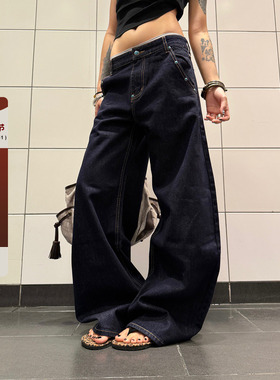 F383 美式复古丹宁原色绿松石弯刀牛仔裤男女款A字直筒阔腿裤子潮