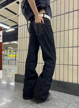 F383 美式复古辣妹低腰不规则重工钉珠牛仔裤女直筒显瘦长裤子潮