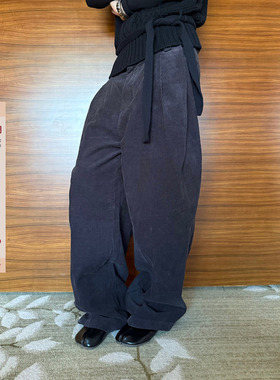 F383 美式复古灰色灯芯绒休闲裤男女宽松慵懒风高级感直筒长裤ins