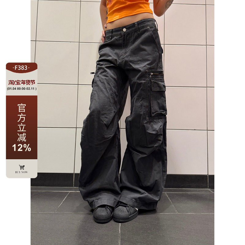 F383 美式复古街头多口袋设计工装裤男女宽松休闲男女百搭直筒裤,男装,牛仔裤,淘宝优惠券,粉丝福利购,淘宝优惠卷