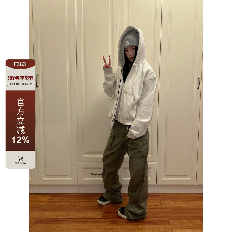 F383 2026美式高街cleanfit短款连帽卫衣外套男女潮宽松百搭上衣,男装,卫衣,淘宝优惠券,粉丝福利购,淘宝优惠卷