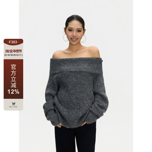F383 美式复古一字肩露肩慵懒感针织衫宽松休闲显瘦百搭毛衣女ins