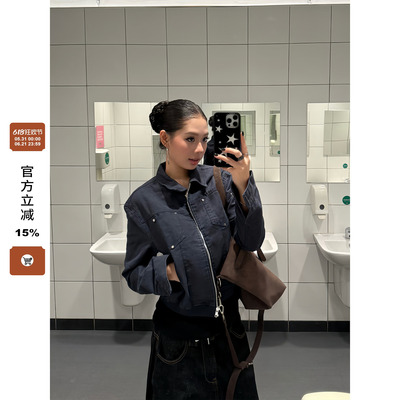 F383 美式复古铆钉短款夹克高级质感翻领外套女辣妹休闲百搭上衣