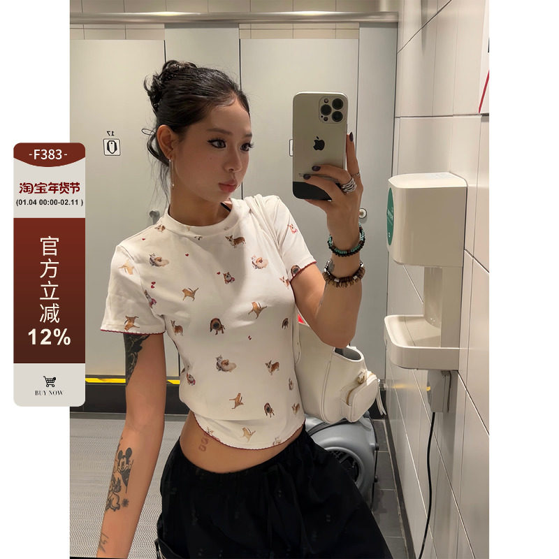 F383 美式复古圆领猫狗印花短袖T恤紧身弹力童趣显瘦短款上衣女夏,女装/女士精品,T恤,淘宝优惠券,粉丝福利购,淘宝优惠卷