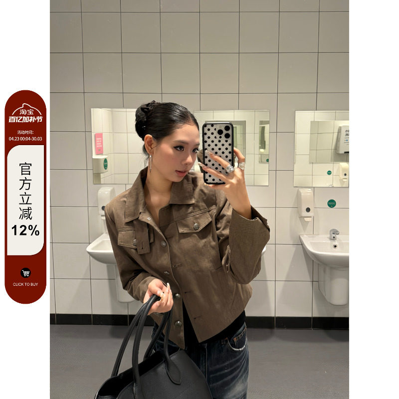 F383 美式复古修身单排扣正肩百搭翻领夹克外套短款小西装上衣女