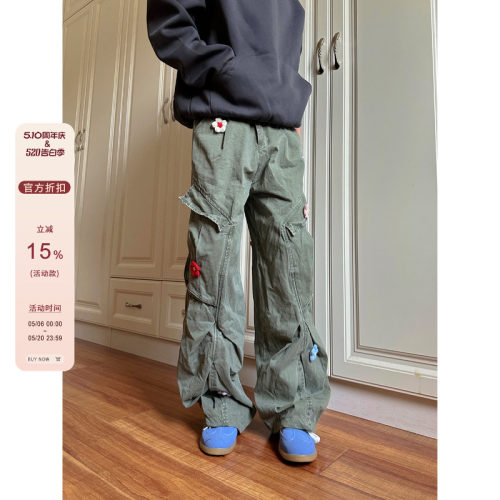 【F383】宽松垂感花刺绣伞兵裤