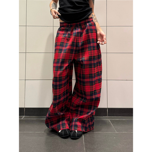 F383 美式复古设计感拼色格子抽绳休闲裤百搭阔腿拖地长裤男女ins
