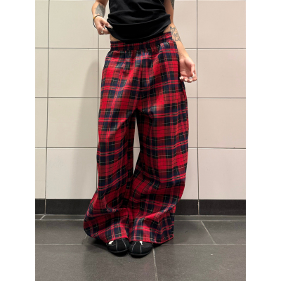 F383拼色格子抽绳休闲裤