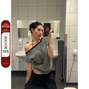 T恤女后背镂空辣妹百搭上衣夏 复古宽松黑白条纹露肩短袖 F383 美式