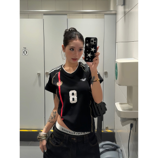 夏T恤条纹V领正肩显瘦百搭女ins 复古运动风球衣短袖 F383 2025美式