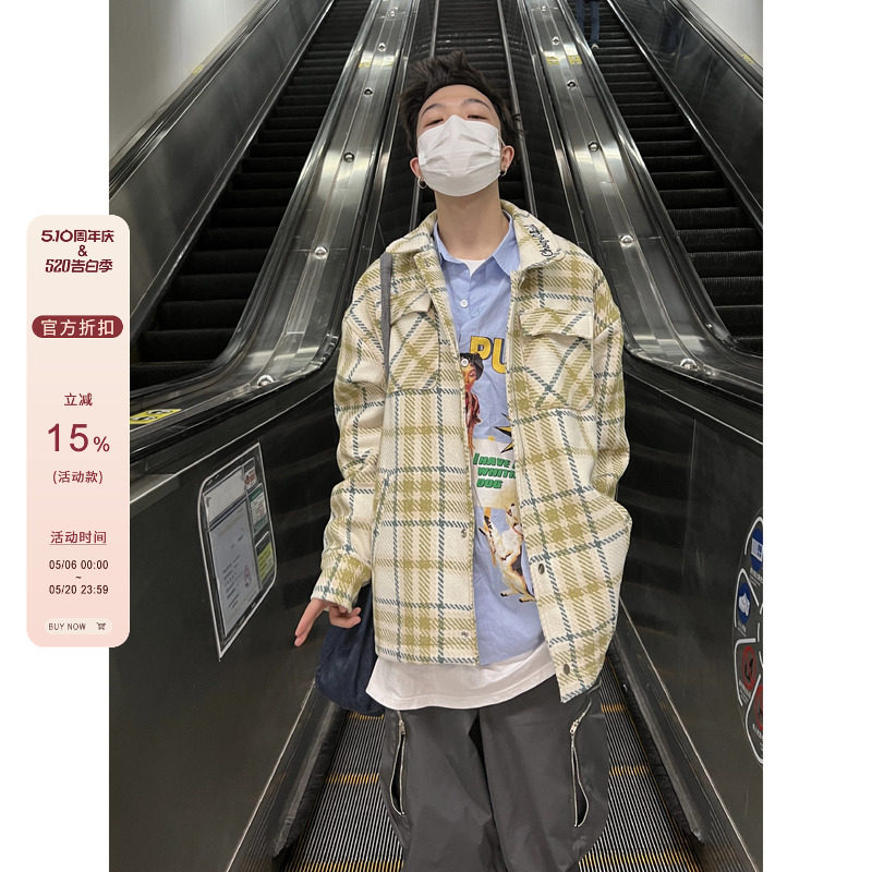 F383 2022AW国潮原创美式潮牌格子夹棉衬衫毛呢外套男女休闲百搭