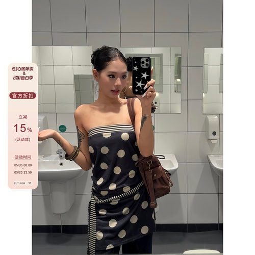 F383小众设计感圆点短袖条纹抹胸