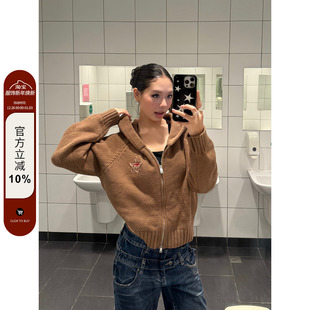 开衫 F383 女软糯慵懒风短款 复古五角星刺绣连帽针织衫 毛衣ins 美式