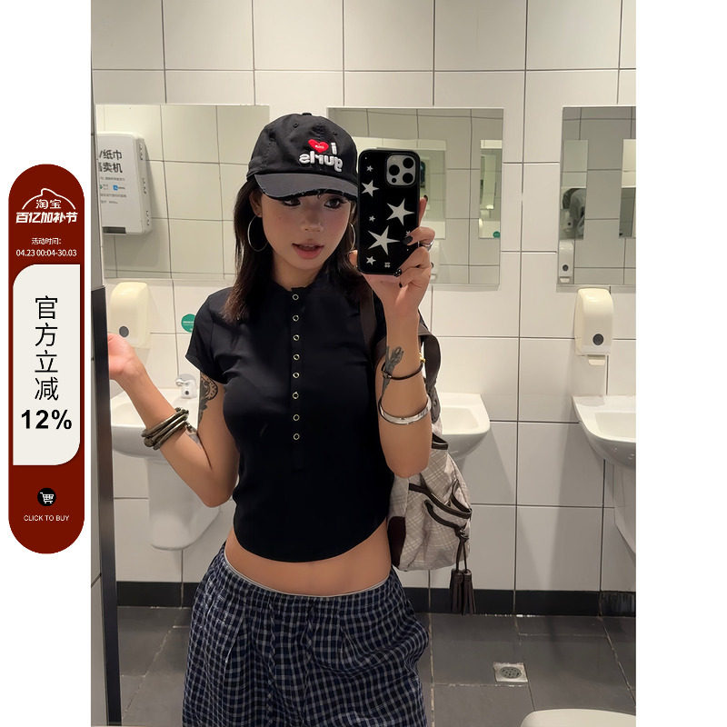 F383 黑色亨利领短袖t恤女夏美式休闲设计感纽扣修身正肩百搭上衣