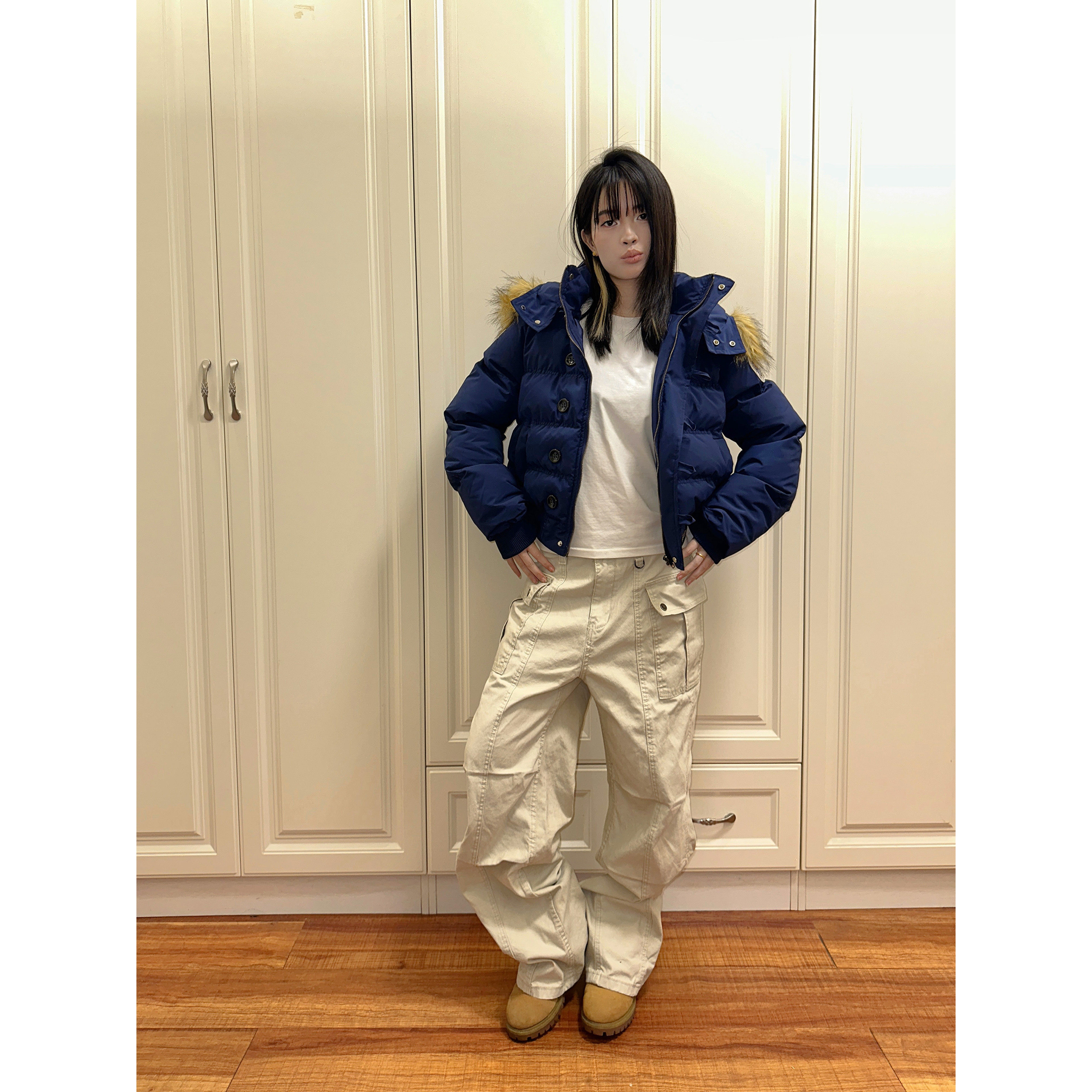 F383 2025美式毛领连帽短款百搭棉服外套冬季加厚保暖派克服男女