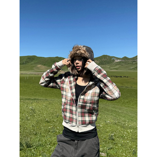 连帽卫衣cleanfit休闲百搭开衫 复古撞色格子短款 外套ins 美式 F383