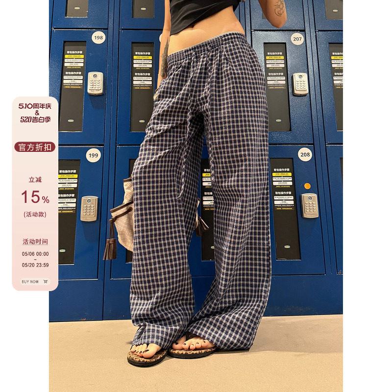 F383 美式复古薄款蓝色格子休闲长裤女夏季新款低腰宽松阔腿裤子