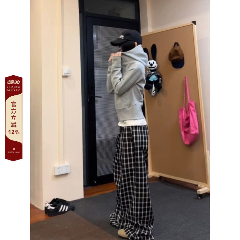 F383 2026复古格子休闲裤宽松慵懒风阔腿直筒拖地裤赵露思同款