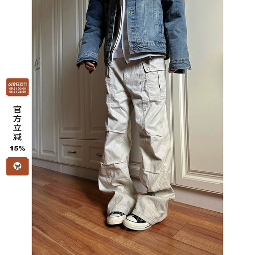 【F383】复古褶皱工装裤