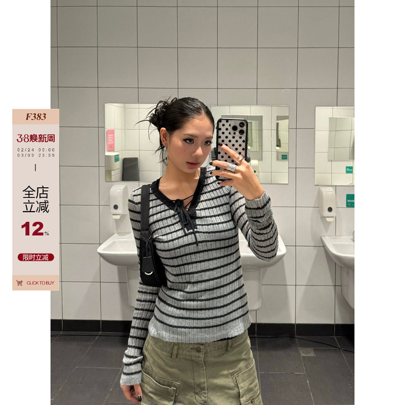 F383 美式复古设计感小众V领条纹针织长袖T恤女修身显瘦百搭上衣