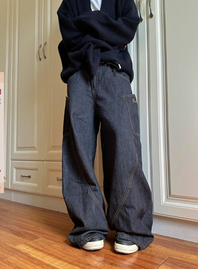 F383 2026美式复古设计感大口袋弯刀牛仔裤男女拖款地阔腿裤子潮