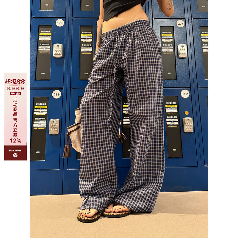 F383 美式复古薄款蓝色格子休闲长裤女夏季新款低腰宽松阔腿裤子