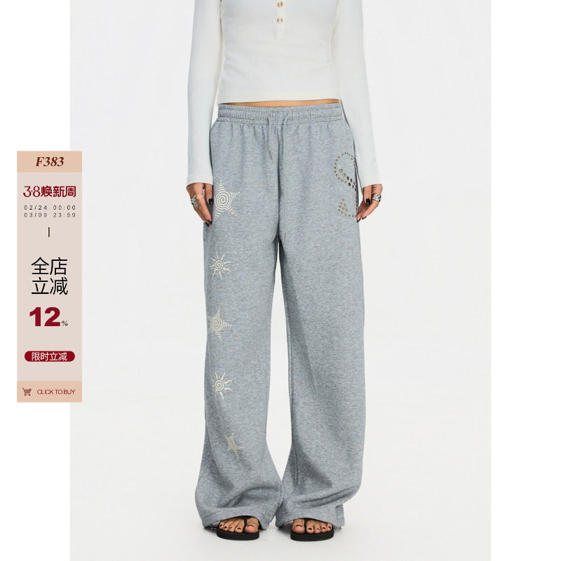 F383 美式复古印花休闲裤男女垂感百搭运动直筒阔腿松弛感卫裤ins