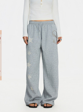 F383 美式复古印花休闲裤男女垂感百搭运动直筒阔腿松弛感卫裤ins