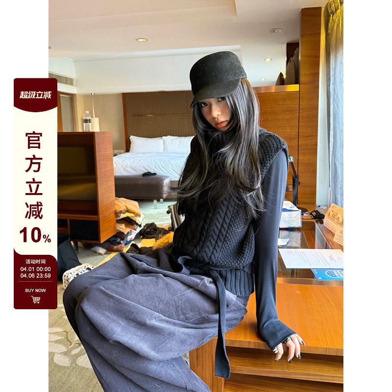 F383 美式复古气质高领麻花针织马甲女秋冬宽松百搭毛衣坎肩上衣